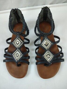 Black Braided Strappy Sandals with Geometric Embellishments Size 7.5